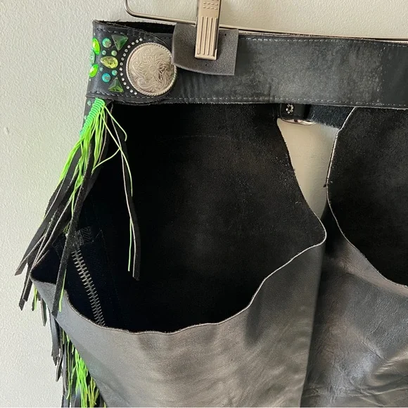 Black Leather Chaps with Green Fringe and Rhinestone Embellishments - Picture 10 of 16